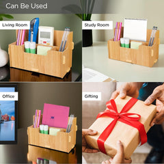 Urbane Home 4 Compartment Pen Stand for Office | MDF Wood Rack | Aesthetic Stationery Stand For Office Table Accessories | Burlywood | 21.1x9.7x13cm