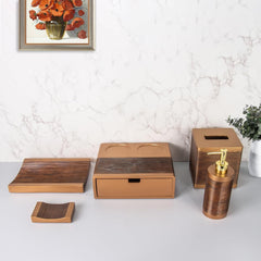 Kuber Industries Premium 5 Pcs Poly Resin Bathroom Accessories Set - Soap Dispenser (300ml), Soap Dish, Towel Tray, Tissue Box & Amenity Box | Moisture-Resistant, Non-Fragile, Scratch-Proof | Brown