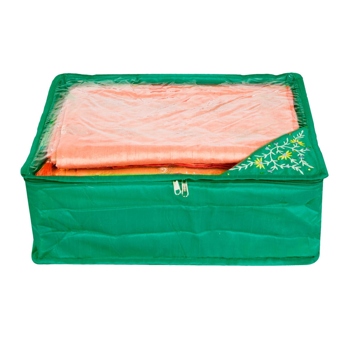 Heart Home Saree Cover | Clothes Storage Bag | Storage Organizer Bag | Zip Closure Saree Cover | Wardrobe Organizer | Side Embroidery Saree Cover | 6 Inch | Green