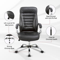 Kuber Industries Leather Office Chairs for Work From Home | Comes with Manual Height Adjustable, Armrest, Headrest & Lumbar Support | Comfy Study Chair for Students with Wheels | Black | SAVOC115BLK
