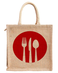 Kuber Industries Fork Knife Print Jute Reusable Eco-Friendly Hand Bag/Grocery Bag For Man, Woman With Handle (Red) 54KM4357