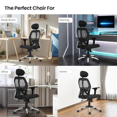 Heart Home Ergonomic Office Chairs for Work from Home with Meshback | Comes with Manual Height Adjustable Armrest, Headrest & Lumbar Support | Comfy Study Chair for Students with Wheels | Black