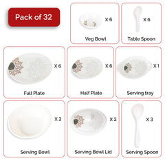 Heart Home 32 Pieces Round Melamine Microwave & Dishwasher Safe Dinnerware Kitchen Crockery Set | Glossy Dinner Sets & Kitchen Set for Home | Stylon Blue Vector Flower - White