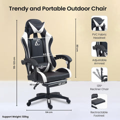 Kuber Industries Ergosmart PC Gaming Chairs with Wheels | Comes with Headrest, Lumbar Support Cushions & Footrest | Comfortable Chair for Long Sitting & Back Pain Relief | 2023-6F-BW-Black & White