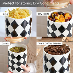 Kuber Industries 800ml Ceramic Jar for Kitchen Storage | Air Tight Container Set with Bamboo Lid | Kitchen Container for Snacks, Tea, Sugar | Multipurpose Organizer | Diamond pattern (Pack of 3)