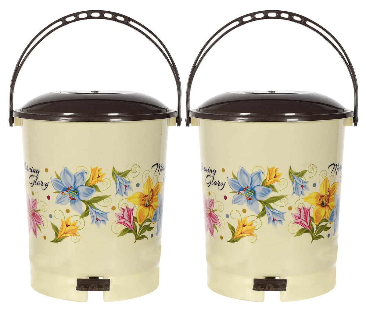 Kuber Industries Multiuses Floral Print Plastic Dustbin For Home, Kitchen, Office, Bathroom With Swing Lid 10 Litre Pack of 2 (Cream) 52KM3971