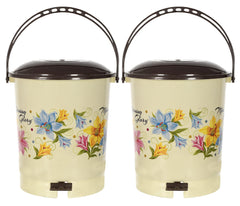 Kuber Industries Multiuses Floral Print Plastic Dustbin For Home, Kitchen, Office, Bathroom With Swing Lid 10 Litre Pack of 2 (Cream) 52KM3971