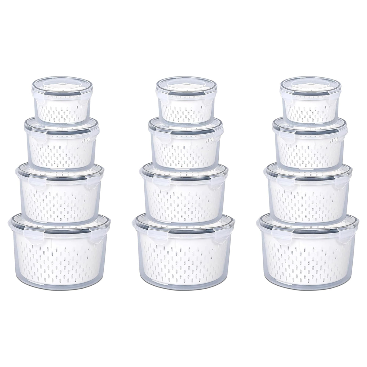 Kuber Industries 12 Pcs Food Containers | Round Storage Box for Fridge | Vegetable Fruit Strainer Basket | Refrigerator Storage Box | Containers With Airtight Lid | HXP00285 | Transparent| Pack of 3