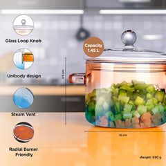 Urbane Home Borosilicate Glass 1.4L Saucepan with Lid & Handle | Induction Pan Cookware | Handi for Cooking | Microwave Safe | Cooktop for Tea/Milk/Pasta/Noodles/Rice | Blue