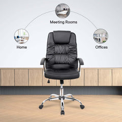 Kuber Industries Ergonomic Leather Office Chairs for Work from Home | Comes with Manual Height Adjustable, Armrest, Headrest & Lumbar Support | Comfy Study Chair for Students with Wheels | Black