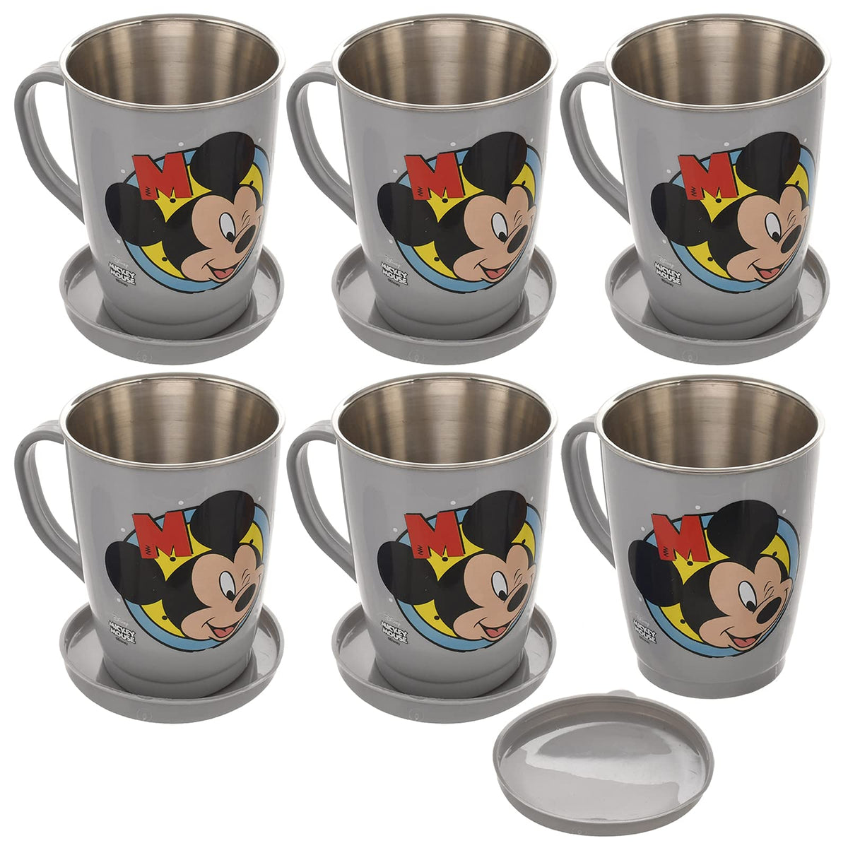 Kuber Industries Mickey Face Printed Food Grade BPA Free Tea/Coffee Mug for Coffee Tea Cocoa, Camping Mugs with Lid, Pack of 6 (Light Grey), Standard