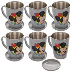 Kuber Industries Mickey Face Printed Food Grade BPA Free Tea/Coffee Mug for Coffee Tea Cocoa, Camping Mugs with Lid, Pack of 6 (Light Grey), Standard