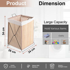 Homestic 51 Ltr Foldable Bamboo Laundry Basket For Clothes With Lid | Washing Clothes Storage Bag & Laundry Box - Light Brown