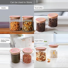 Urbane Home Borosilicate Glass Jar with Printed Bamboo Lid|Kitchen Organizer Items and Storage|Multi-utility, Leakproof, Airtight Storage Jar for Cookies,Snacks,Tea,Coffee,Sugar|Pack of 6(1000ml)