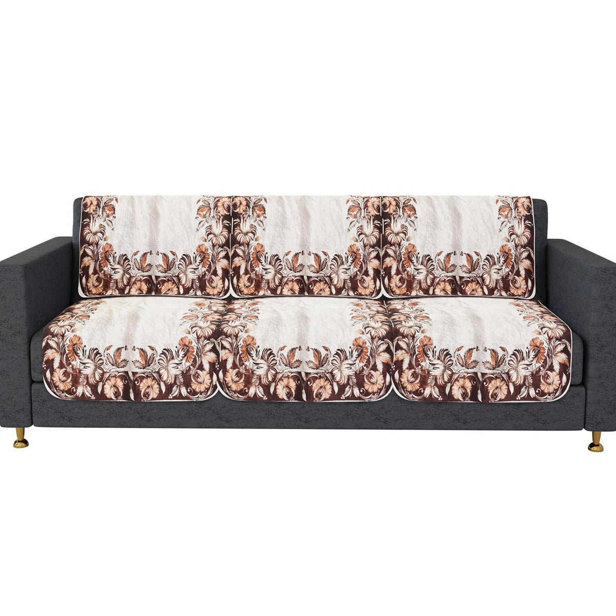 Heart Home Sofa Cover | 3 Seater Sofa Slip Cover Set | Brown Flower Sofa Cover | Velvet Couch Cover | Sofa Slipcover Set | Sofa Cover for Living Room | Cream