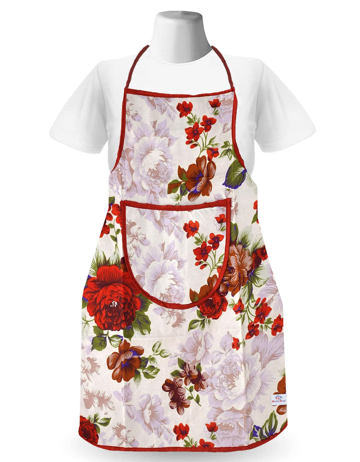 Heart Home Flower Printed Oil Stain Resistant Cooking Kitchen Apron for Men Women with 1 Front Pocket (Red)
