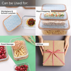 Kuber Industries Pack of 3 Borosilicate Glass Kitchen Containers with Bamboo Lid | 370ml 640ml 1060ml | Airtight Rectangular Fridge Storage Boxes |Kitchen organizer items & storage Dandy Diasies Print