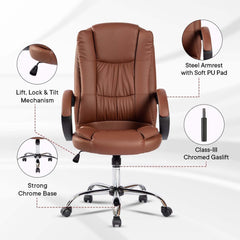 Kuber Industries Ergonomic Leather Office Chairs for Work From Home | Comes with Manual Height Adjustable, Armrest, Headrest & Lumbar Support | Comfy Study Chair for Students with Wheels | Brown
