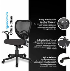 Kuber Industries Ergonomic Revolving Office Chairs for Work From Home | Comes with Manual Height Adjustable, Armrest & Lumbar Support | Comfy Study Chair for Students with Wheels | Black & Grey Seat