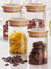 Kuber Industries Borosilicate Glass Jar with Printed Bamboo Lid|Kitchen Organizer Items and Storage|Multi-utility, Leakproof, Airtight Storage Jar for Cookies,Snacks,Tea,Coffee,Sugar|Pack of 4(600ml)