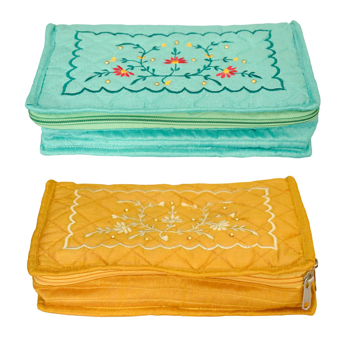 Kuber Industries Embroidery Design Portable Jewellery Organizer With 6 Tranasparent Pockets For Keeps Your Jewellery,Earrings, Pendants Organized And Secure- Pack of 2 (Yellow & Green)