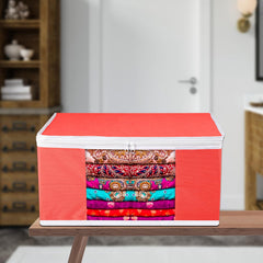 Heart Home Saree Cover | Zip Closure Saree Cover | Clothes Storage Bag | Wardrobe Organiser for Suit | Transparent Window Saree Cover | Plain-White Border | 9 inch | Pack of 9 | Red