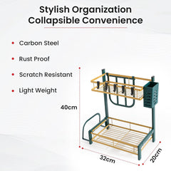 Kuber Industries 2-Layer Dish Drying Rack|Storage Rack for Kitchen Counter|Drainboard & Cutting Board Holder|Premium Utensils Basket Pack of 6 (Gold & Green)