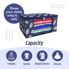 Heart Home Saree Cover | Clothes Storage Bag | Storage Organizer Bag | Zip Closure Saree Cover | Wardrobe Organizer | Peacock Feather-Design | 6 Inch | Pack of 2 | Navy Blue