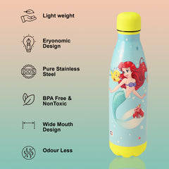 Kuber Industries 500 ml Water Bottle with 2 Lids | Disney Mermaid | Stainless Steel Bottle for Travel & Sports | BPA-Free Insulated Sipper Bottle for Adults & Kids with Straw | Sky Blue | Pack of 6
