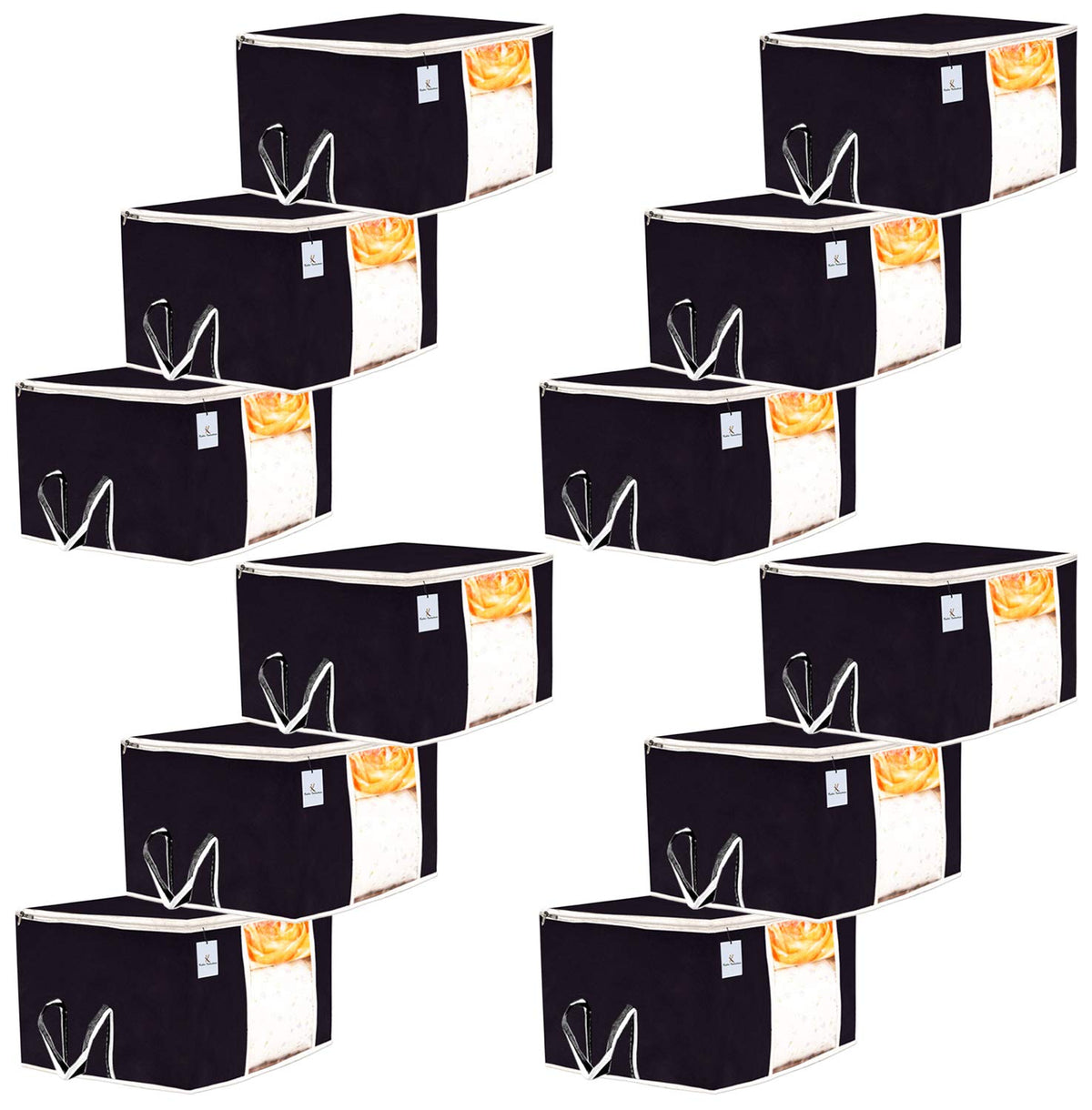Kuber Industries 12 Piece Non Woven Underbed Storage Bag,Storage Organiser,Blanket Cover with Transparent Window,Extra Large, Black CTKTC034431