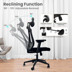 Kuber Industries Ergonomic Office Chairs for Work From Home | Comes with Manual Height Adjustable, Armrest, Headrest & 2D Lumbar Support | Comfy Study Chair for Students with Wheels | Black | 1547A