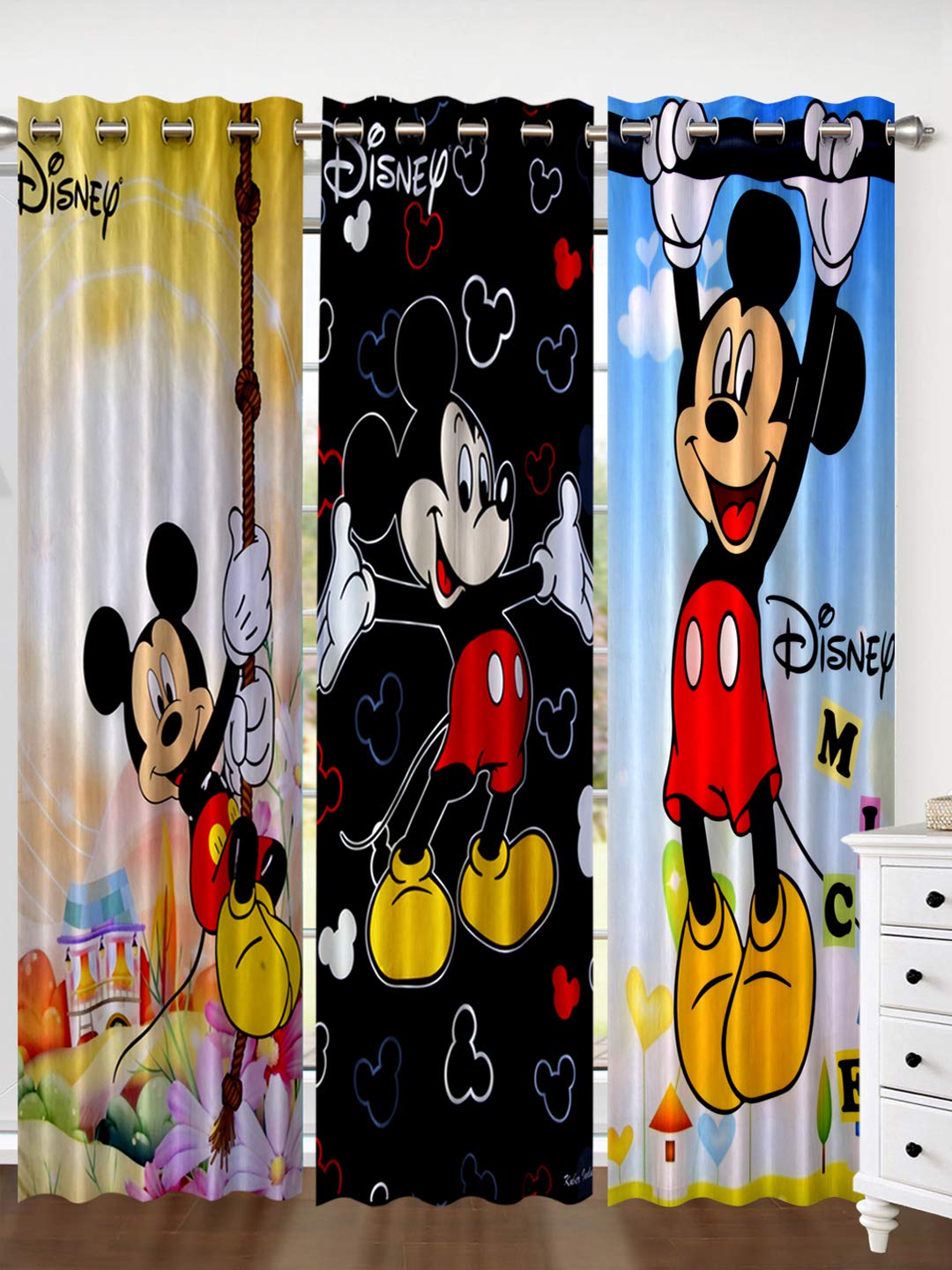 Kuber Industries Disney Mickey Print 3 Pieces Polyester Special Blackout Long Crush Eyelet Door Curtain 7 Feet (Yellow, Sky Blue, Black)-KUBERMART84