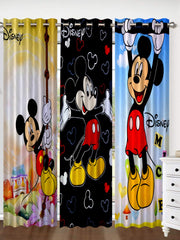 Kuber Industries Disney Mickey Print 3 Pieces Polyester Special Blackout Long Crush Eyelet Door Curtain 7 Feet (Yellow, Sky Blue, Black)-KUBERMART84