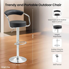 Heart Home Curvy Bar Stool Chair for Kitchen with PU Leather Seat Cushion, Footrest & 360 Swivel | 32 inch Height Adjustable High Chair for Breakfast Counter & Cafeteria | Black & Chrome