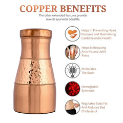 Kuber Industries Water Jug | Bottle with Inbuilt Glass | Vessel for Drinking Water | Bedroom Jar| Bedside Water Bottle | Water Jug | Middle Hammered | 1100 ML | Copper