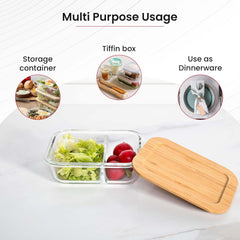 Kuber Industries 580ml Borosilicate Galss Kitchen Containers Set with 2 Compartments & Bamboo Lid | Multipurpose Dal, Snacks & Vegetable Storage Box for Fridge Organizers | Transparent