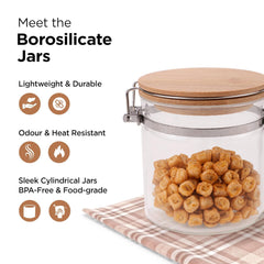 Kuber Industries Borosilicate Glass Jar with Bamboo Lid |Multi-utility | Leakproof | Airtight Storage Jar for Cookies, Snacks, Tea, Coffee, Sugar | Set of 3 (650ml, 1000ml, 1400ml)