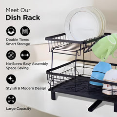 Homestic 2 Tier Iron Kitchen Rack with Utensils Basket Drainer | Dish Drainer Basket for Kitchen | Multipurpose Kitchen Stand | Large Capacity| Space Saving| Black