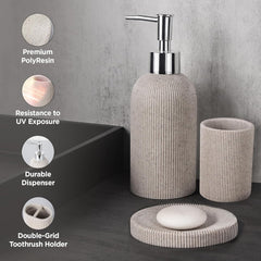 Urbane Home 5-Piece Polyresin Bathroom Accessories Set |Toothbrush Holder, Soap Dispenser, Tumbler, Tray | Accessories for Bathroom & Kitchen | Moisture-Resistant & Scratch-Proof | Khaki