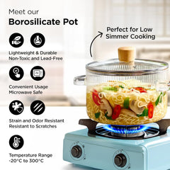 Urbane Home Borosilicate Glass 1.45L Saucepan with Lid & Handle | Induction Pan Cookware | Handi for Cooking | Microwave Safe | Cooktop for Tea/Milk/Pasta/Noodles/Rice | Transparent- Grey Color