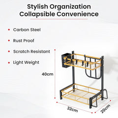 Kuber Industries 2-Layer Dish Drying Rack|Storage Rack for Kitchen Counter|Drainboard & Cutting Board Holder|Premium Utensils Basket Pack of 6 (Gold & Black)