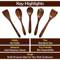 Kuber Industries Sheesham Handicrafts Wooden Serving and Cooking Spoons | No Harmful Polish | Naturally Non-Stick | Wood Brown Spoons Kitchen Utensil | Handmade Spatula Set of 5 (Pack of 3)