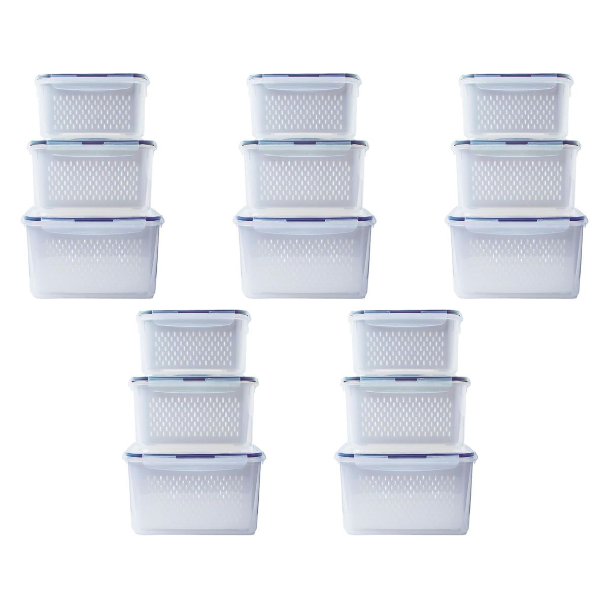 Kuber Industries 15 Pcs Food Containers | Storage Box for Fridge | Vegetable Fruit Boxes | Refrigerator Storage Box | Containers With Airtight Lid | Strainer Basket | HXP00284 | Transparent|Pack of 5