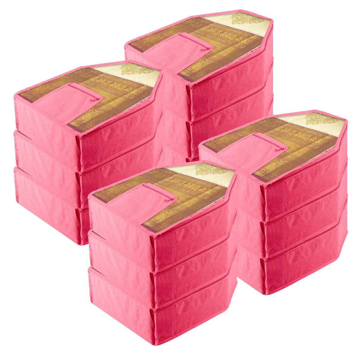 Kuber Industries Blouse Cover | Clothes Storage Bag | Zipper Wardrobe Organizers | Clothes Organiser with Attached Pocket | Non-Woven Front Transparent Blouse Cover | Pack of 12 | Pink