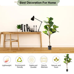 Urbane Home Fiddle Leaf Fig Artificial Tree | 130 CM Tall Plants | 30 Leaves Greenery Plant with Pot | Plant for Home Decor | Plastic | FH-QYR130 | Green