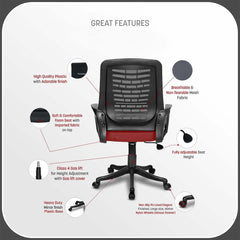 Kuber Industries Ergonomic Revolving Office Chairs for Work From Home | Comes with Manual Height Adjustable, Armrest Support | Comfy Study Chair for Students with Wheels | Black & Red Seat