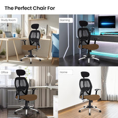 Kuber Industries Ergonomic Office Chairs for Work From Home | Comes with Manual Height Adjustable, Armrest, Headrest & Lumbar Support | Comfy Study Chair for Students with Wheels | Black & Beige Seat