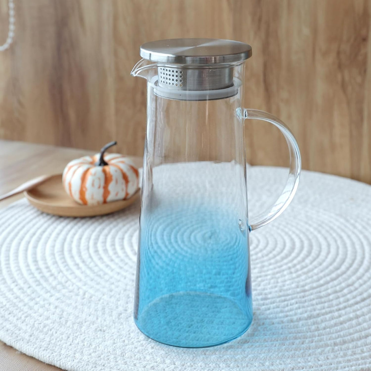 Kuber Industries Premium 1.4 LTR Glass Jug with Stainless Steel Lid and Handle | Leakproof Pitcher for Water, Cold Brew, Tea, Iced Coffee, Lemonade | Heat Resistant | Housewarming Gift | Blue