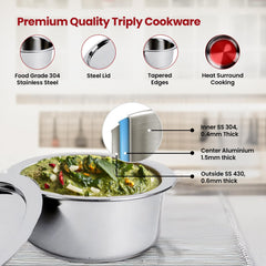 Kuber Industries 3L Stainless Steel Tope Set/Vessels for Cooking with Lid | Induction Safe Heavy Duty Gauge Boiling & Cooking Patila/Topiya/Bhagona Steel Utensils for Kitchen | Silver
