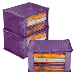 Heart Home Saree Cover | Zip Closure Saree Cover | Clothes Storage Bag | Wardrobe Organiser for Suit | Transparent Window Saree Cover | 9 inch | Pack of 3 | Purple